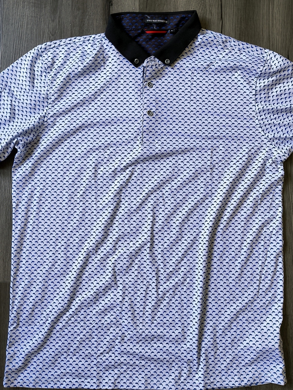 Men's White Patterned Polo Shirt with Black Collar